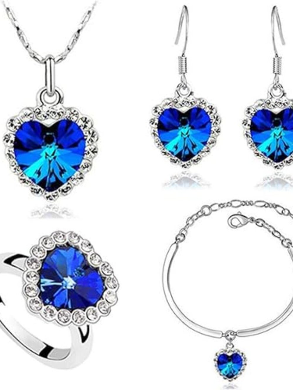 Titanic Heart of The Ocean Necklace Earrings Bracelet and Rings Jewelry Set, Sil